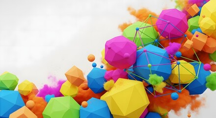 Colorful 3D geometric shapes and molecules scattered on a white background with a vibrant and playful mood., holi festival background