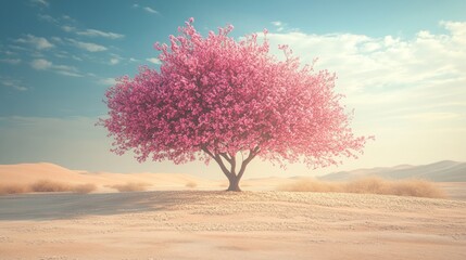 Pink blossom tree in a desert landscape