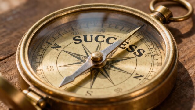 Vintage gold compass  showing the word SUCCESS replacing the North direction indicator on a textured wooden background.