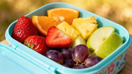 Fresh red strawberries, orange slices, purple grapes, green  wedges, and pineapple chunks packed in a teal fruit container outdoors.