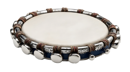 Tambourine instrument with metal jingles and brown leather straps on transparent background