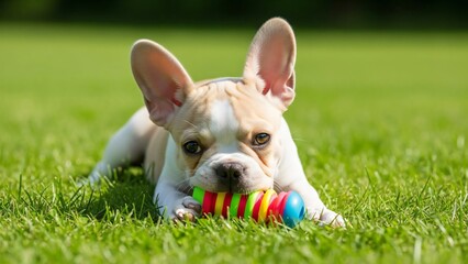 Playful French Bulldog Puppy Chewing Colorful Rubber Toy on Green Grass in Sunny Summer Backyard