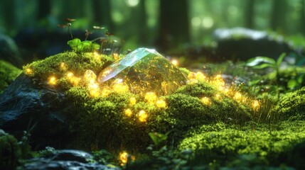Sparkling crystal nestled in mossy forest