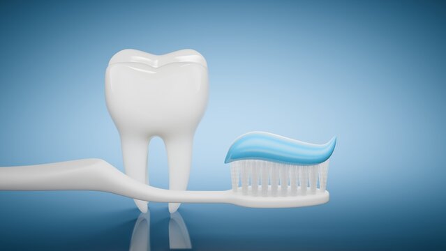 3D illustration of a toothbrush placed next to a white tooth, representing daily oral hygiene routine and dental care habit