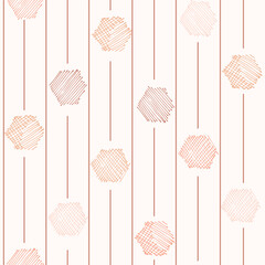 Hatched and crosshatched hexagons and lines as rain, as a space minimalist geometrical pattern in colors of cream, peach and brown on beige. Abstract geometric seamless vector pattern. Great for homes