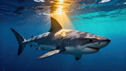 Naklejka premium Great White Shark swimming through deep blue ocean water while bright golden sunbeams illuminate its powerful gray body from above.