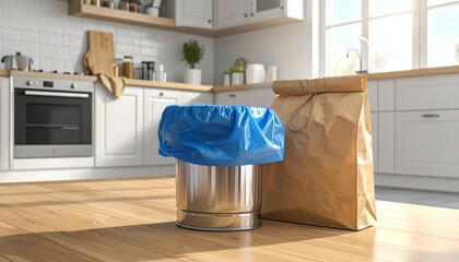 Stainless can with blue bag & paper bag in a modern kitchen on wooden floor