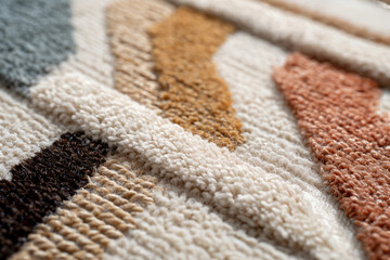 Fototapeta premium Vibrant textured rug with colorful geometric pattern closeup