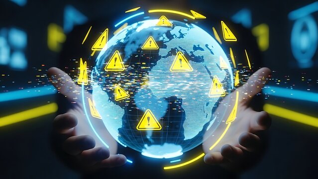 Digital Globe Held in Hands with Warning Symbols, Representing Global Issues. - Powered by Adobe