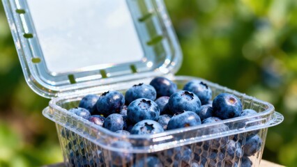 Fresh blue blueberries packaged in an open clear plastic clamshell container sitting outdoors against a vibrant green bokeh background.