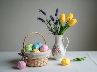 Obraz premium Easter eggs in basket with tulips and lavender.