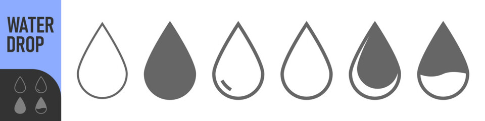 Fototapeta premium Water drop icon set in outline and solid styles, clean minimal shapes for fluid, rain, weather, and liquid UI design. Color icon set
