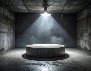 A concrete cylinder under a spotlight in a dimly lit, industrial-like room