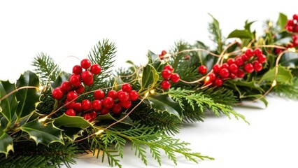 Festive garland with holly berries, lights, and evergreen foliage