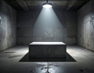 A minimalist concrete room, spotlighting a square block beneath a single light