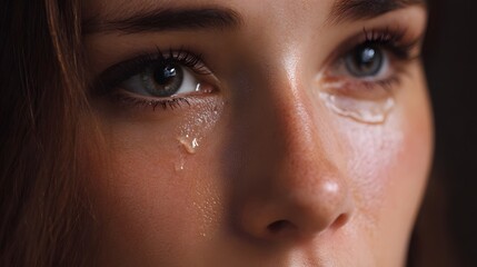 Fototapeta premium Close up of a woman s face with tears streaming down her cheeks conveying sadness and deep emotion