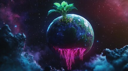 Earth, planted in space, with vibrant roots