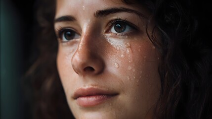 Fototapeta premium Close up portrait of a woman s face skin glistening with sweat droplets suggesting physical exertion or intense emotion