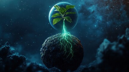 A small plant sprouts on a small, rocky planet in deep space