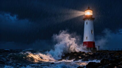 Obraz premium White and red striped lighthouse beam shining brightly into the dark, rainy night sky as giant ocean waves crash onto the rocky shore.