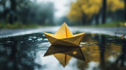 A yellow origami boat floats on a puddle reflecting an autumn scene