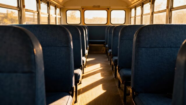 Empty vintage bus interior featuring rows of dark navy seats and warm sunlight streaming through the side windows.