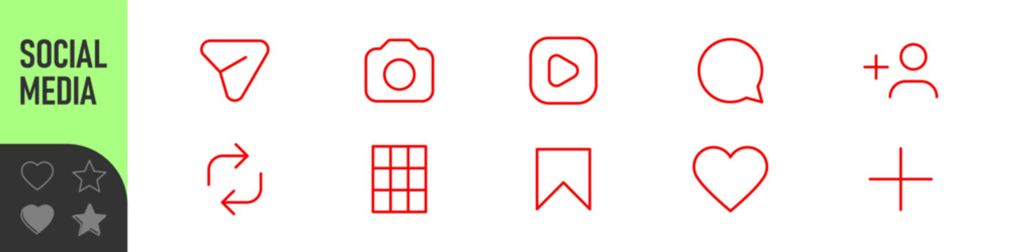 Color line icon set featuring social media symbols including home, search, user, heart, settings, and add symbols. social media notification icons ; like, comment, repost, share, save, UI icons