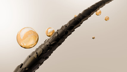 Close-up 3D hair fiber with floating serum bubbles, representing deep conditioning and intensive hair repair