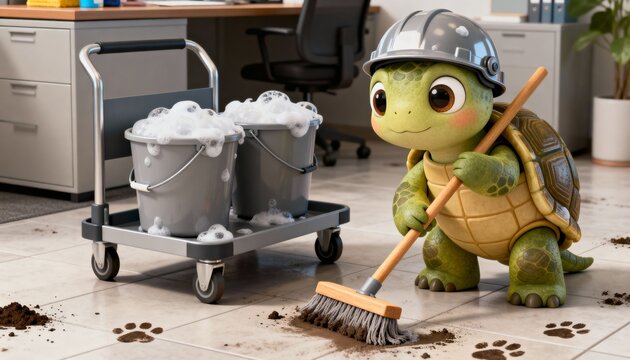 A cute turtle in a cleaning helmet mops an office floor next to a supply cart. Whimsical 3D cartoon illustration emphasizing cleanliness and cheerful work.