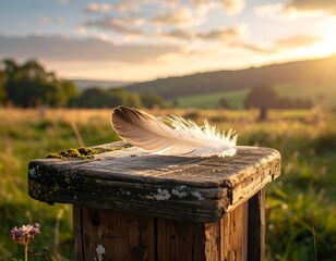 Feather on a weathered post at golden hour in a grassy field