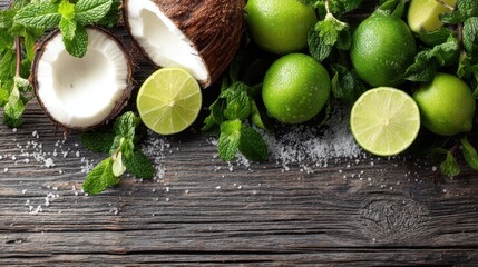 Fresh limes and coconut are placed beside mint leaves and salt on a wooden table. This setup suggests preparation for a refreshing summer drink.