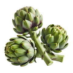 Obraz premium Three artichoke heads with stems, rustic vegetable arrangement, background removal for agricultural design elements.