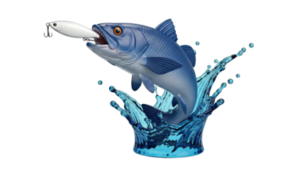 Blue fish jumping out of water with lure in mouth