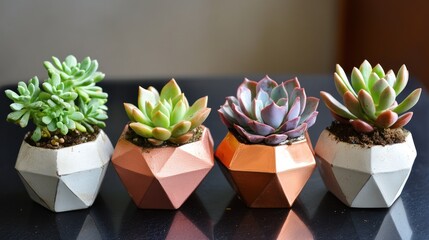 Four succulent plants in geometric planters