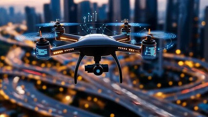 A smart drone flying over a modern city with holographic data displays. Futuristic urban technology concept. 4k Video footage. - Powered by Adobe