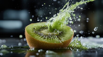 Fresh kiwi fruit slice with vibrant juice splash
