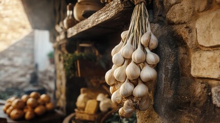 Rustic garlic bunch hanging on weathered shelf
