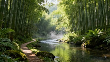 Fototapeta premium Tranquil river flowing through tall green bamboo forest with morning sunlight illuminating winding dirt path and rising fog.