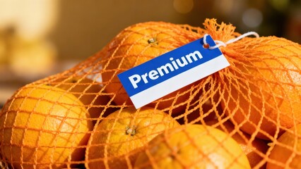 Premium quality white tag attached to bright orange mesh bag filled with ripe citrus fruit oranges.