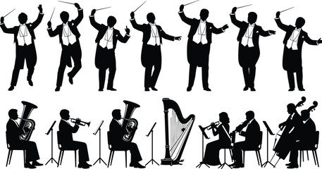 Symphony orchestra musicians and conductors silhouettes set, classical music performers with instruments like harp and tuba for concert event design vector illustration, © MstShahanaz