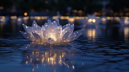 Floating lotus lantern on water at night