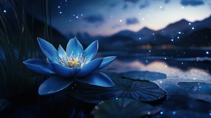 Serene lotus flower at night.  Mystical lake, luminous bloom