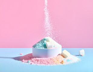 Colorful sugar mound with falling powder and sweets on pastel background