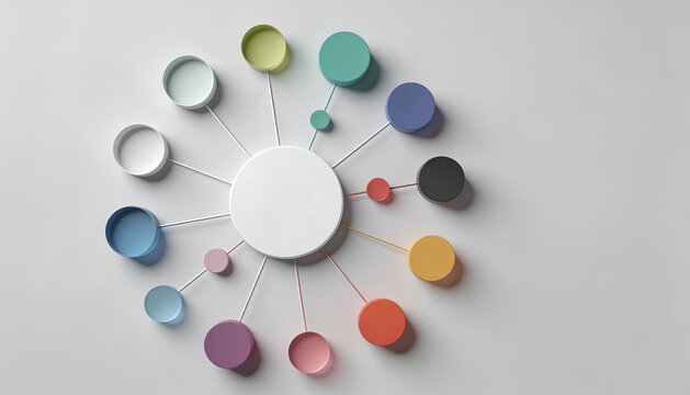 3D stakeholder map with hollow nodes, minimal hub network diagram for business collaboration and project governance, clean copyspace background