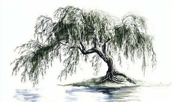 An enchanting illustration capturing the grace of a willow tree near a water body.