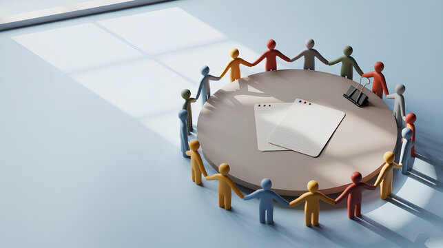 Teamwork and inclusion roundtable concept with colorful figurines, blank index cards and binder clip, soft daylight window shadow, large left copyspace, clean 3D render