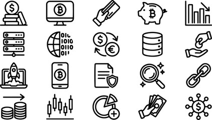Line art icon set close up grid of cryptocurrency and finance symbols showing piggy bank rocket smartphone server coins magnifier