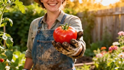 Smiling female gardener holds up a freshly harvested ripe red tomato fruit in her dirty glove on a sunny afternoon.