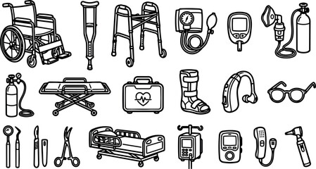 Hand drawn line art medical equipment icons set showing wheelchair crutch walker blood pressure monitor oxygen tank stretcher bed iv pump