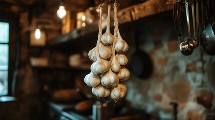 Rustic garlic bunches hanging in a farmhouse kitchen